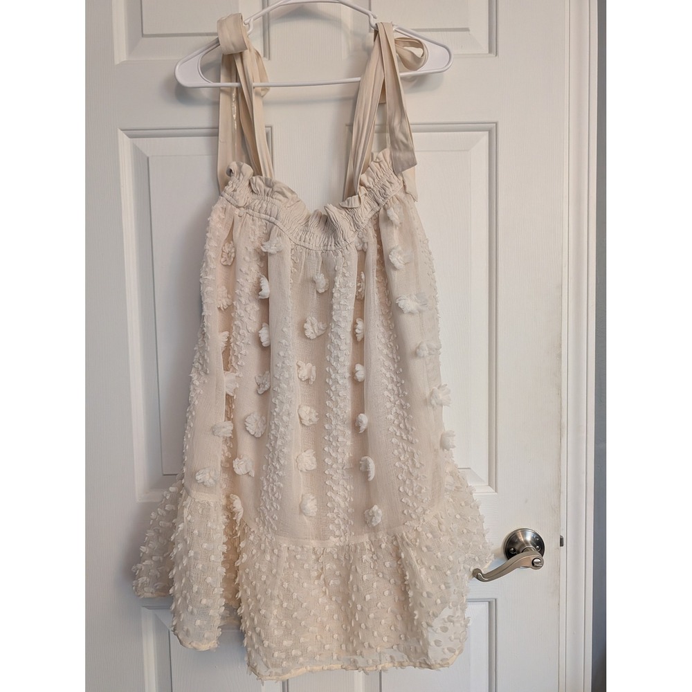 VICI Large Ivory Textured Tie Shoulder Babydoll Mini Dress Cottagecore
